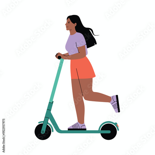 A young woman riding a green electric scooter in a minimalist illustration