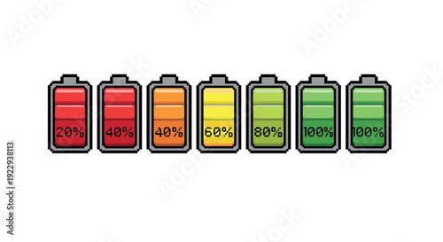 Pixel art battery charge levels from low to full in eight stages