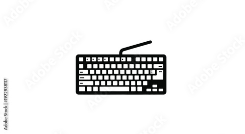 Simple black and white illustration of a computer keyboard with a cable