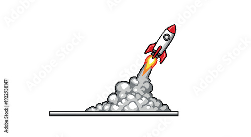 Pixel art rocket launch with flames and smoke