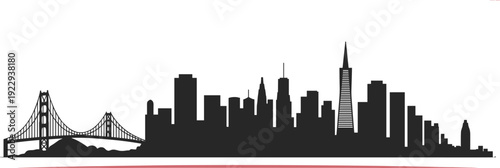 Silhouette of San Francisco Skyline with Golden Gate Bridge on White Background vector illustration