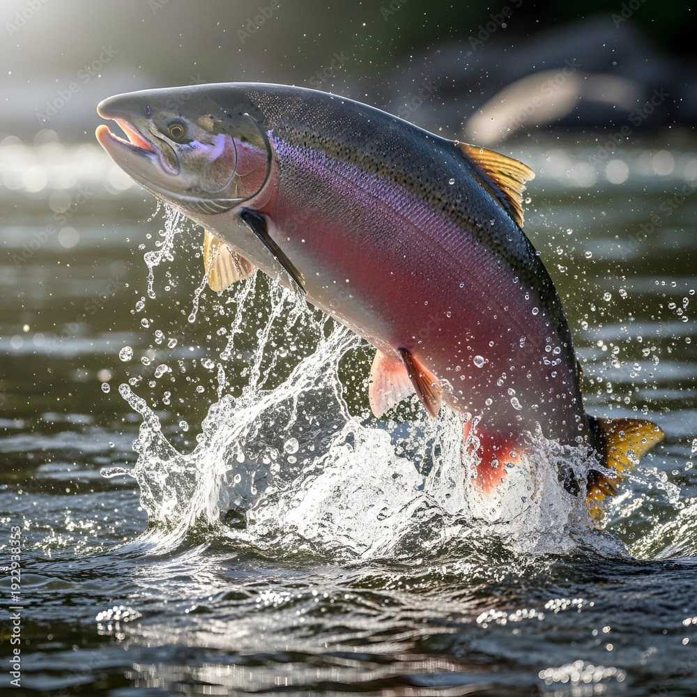 Fototapeta premium Splashing Leap of the Rainbow Trout: A magnificent rainbow trout bursts from the water, creating a dynamic display of motion, a vibrant spectacle of aquatic life.