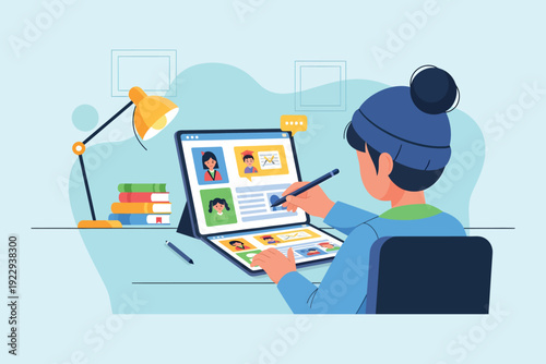 A person participates in a video call using a tablet and stylus