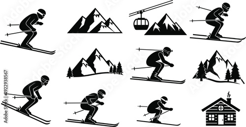 Skiing Silhouette Icons With Mountains And Ski Lift skier