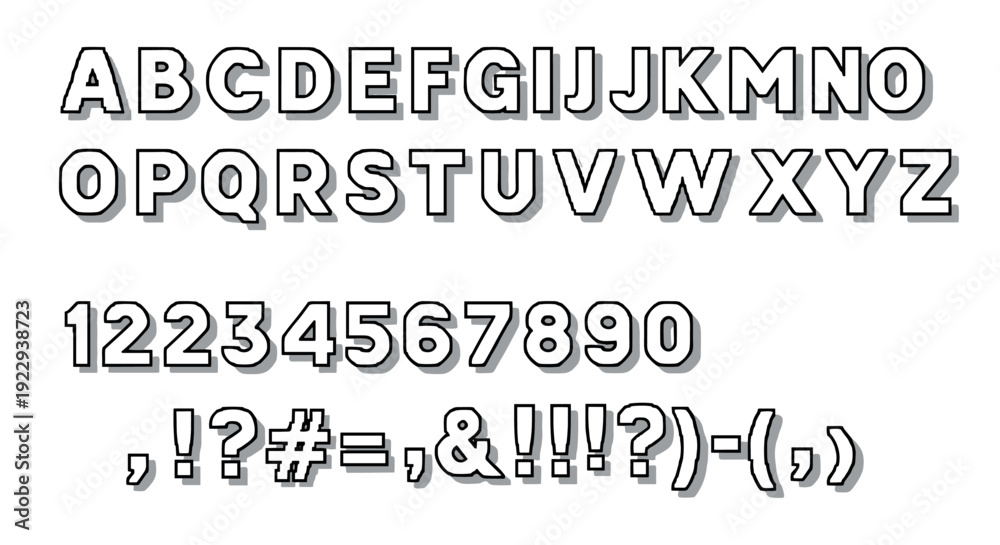 Fototapeta premium Bold 3d alphabet and numbers with shadows for modern typography designs