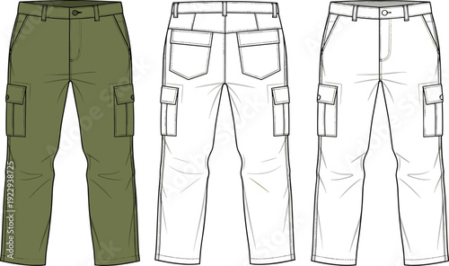 Men's Cargo Pants Technical Flat Sketch, Front and Back View Utility Trousers, Flat Vector Illustration