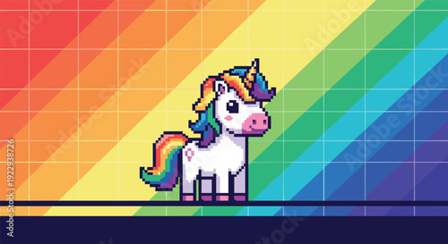 Colorful pixel art unicorn on rainbow gradient background