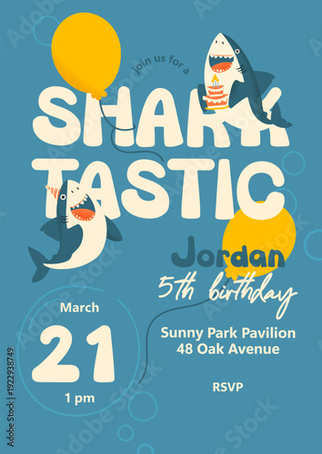 Cute shark themed fifth birthday invitation with smiling shark characters and party elements. Playful ocean design suitable for kids party card, printable invitation, celebration template, nursery dec