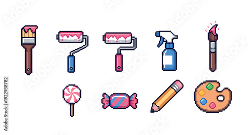 Pixel art icons of art supplies and candy featuring paint brushes and roller