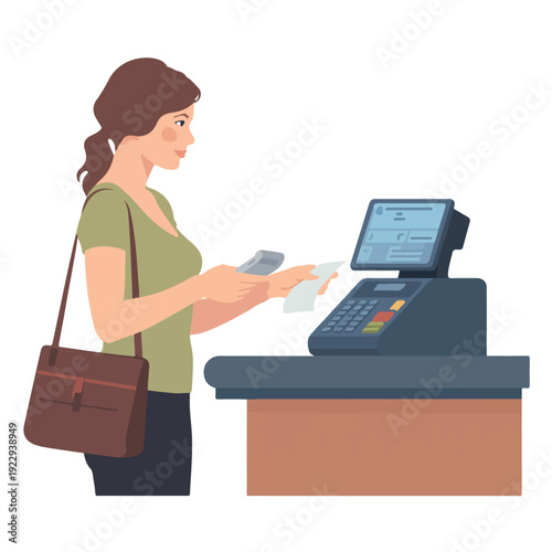 A woman making a purchase at a cash register with a digital screen