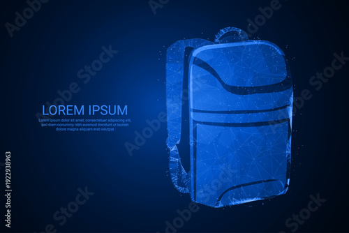 Futuristic Wireframe Backpack Icon in Polygonal Mesh Style with Starry Universe Elements, Representing Education, Travel, and Student Equipment