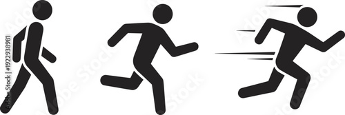 Three Black Stick Figure Icons Showing Walking Running And Fast Running Motion silhouette white