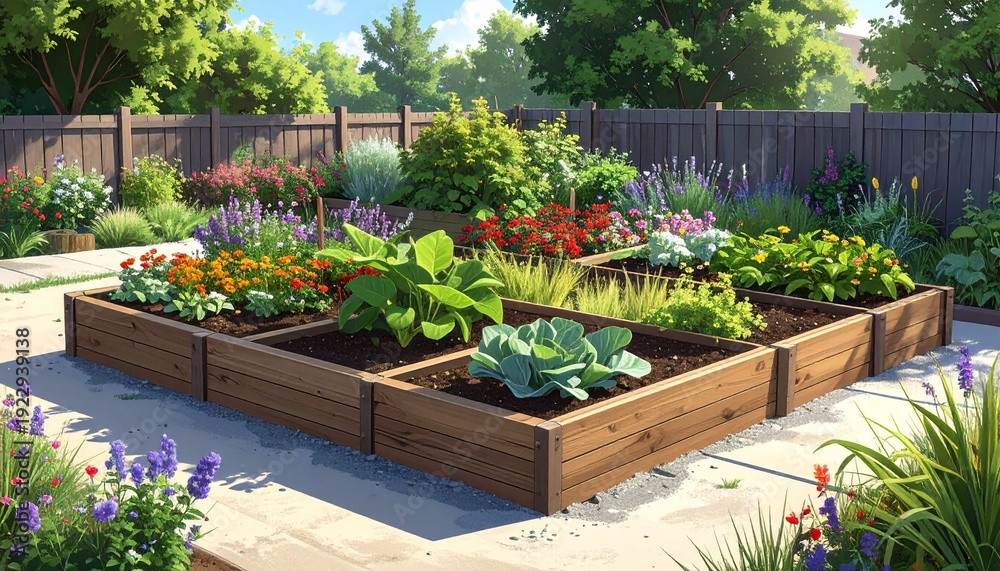 Obraz premium Raised garden bed with fresh vegetables and flowers in sunny backyard