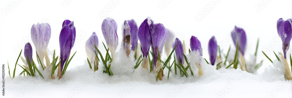 Fototapeta premium Vibrant purple crocuses emerging through snow in early spring