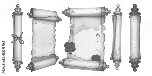Collection of antique parchment scrolls with rolled edges and decorative finials, vintage document illustrations