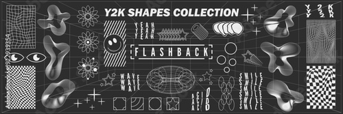 Abstract geometry hud wireframe shapes and patterns, cyberpunk elements, icon s and perspective grid s. Surreal geometric signs. Rave psychedelic futuristic Y2k acid aesthetic set. Vector illustration