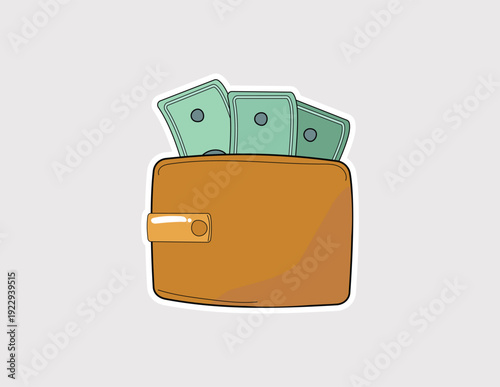 Brown wallet with cash sticker. A vector illustration of a leather wallet holding green paper bills, perfect for personal finance apps and savings blogs