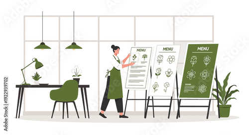 Woman in Apron Arranging Menu Boards with Botanical Illustrations
