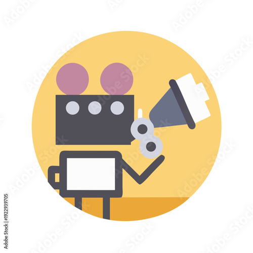 Simple retro movie camera icon with old-fashioned color palette on a golden background