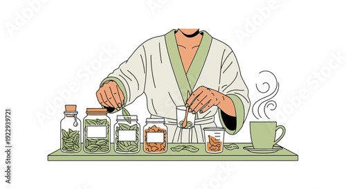 Woman in bathrobe preparing herbal tea from jars, self-care ritual
