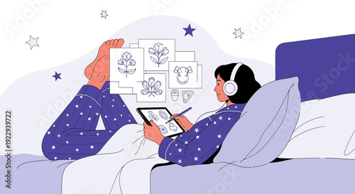 Woman in Bed with Headphones Drawing Flowers on Tablet
