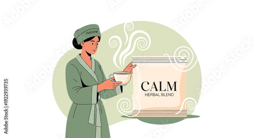 Woman in bathrobe enjoying calming herbal tea, steam rising from cup