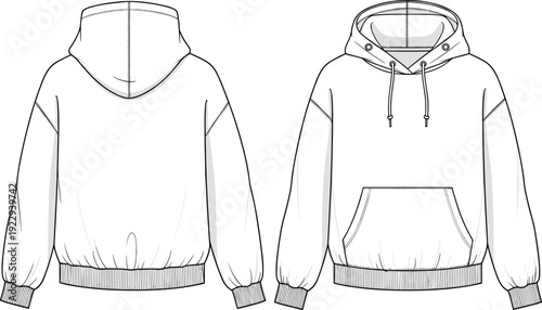 Oversized Hoodie Technical Sketch, Front and Back View Fashion Flat, Blank Sweatshirt Vector Template
