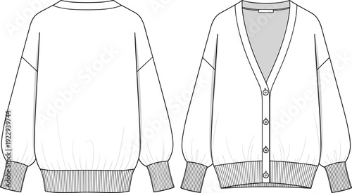 Oversized V-Neck Cardigan Front and Back View Technical Fashion Sketch in Flat Illustration Style