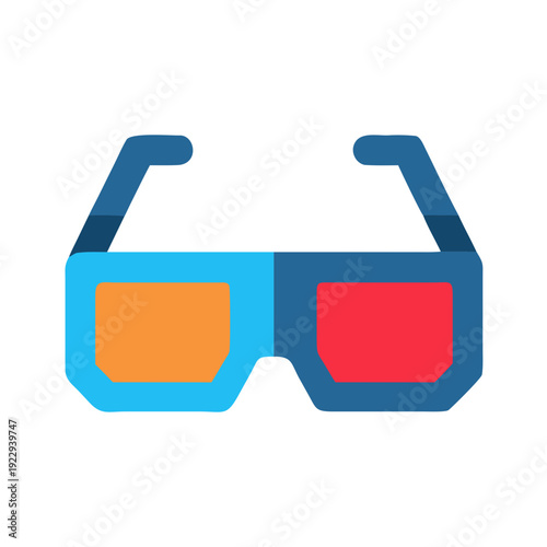 Abstract flat 3D glasses icon featuring red and orange lenses, simple black background