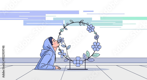 Woman in Blue Hoodie Smelling Floral Wreath, Minimalist Art