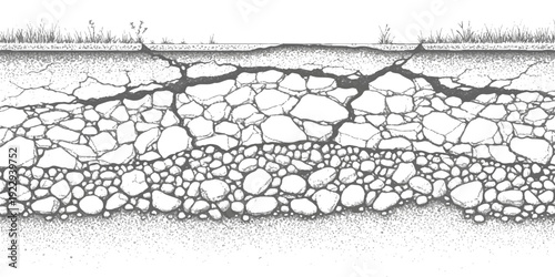 Cross-section of a cracked asphalt road surface showing layers of gravel and soil, hand-drawn illustration style