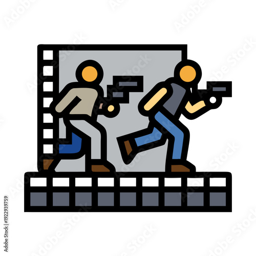 Two stylized figures running from a building in an emergency situation