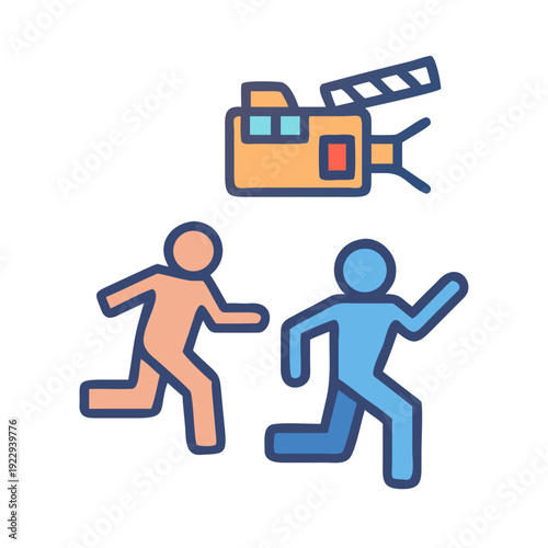 Cartoon illustration of movie camera chasing two running figures on black background