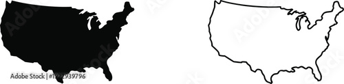 United States Map Silhouette and Outline on White Background Keywords: USA, United States, America, map, outline, silhouette