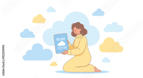 Woman Holding "Welcome Little One" Sign Amidst Clouds
