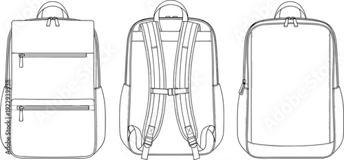 Professional Backpack Technical Sketch Set, Fashion Flat Illustration Isolated Mockup