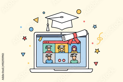 Online graduation celebration laptop displaying students in virtual commencement ceremony