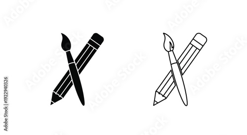 Black and white illustration of crossed paintbrush and pencil pairs