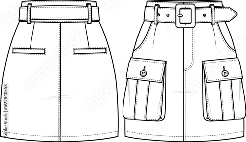 Women Cargo Mini Skirt Technical Fashion Sketch Flat Template with Belt and Utility Pockets