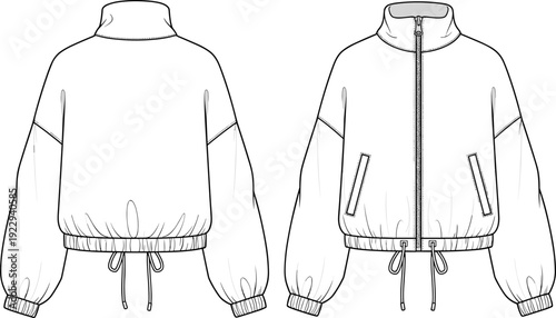 Women Bomber Jacket Technical Sketch, Oversized Windbreaker Fashion Flat Illustration