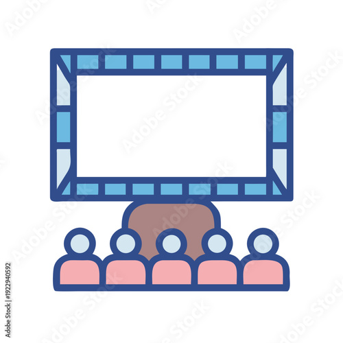 Movie theatre screen with audience watching a film in a dark setting