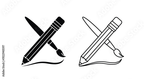 Two black and white icons depicting a paintbrush and pencil combined