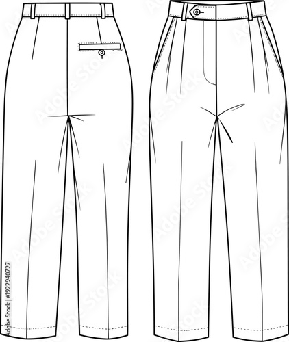 Women High Waisted Straight Leg Trousers Technical Flat Sketch, Fashion CAD Template Illustration