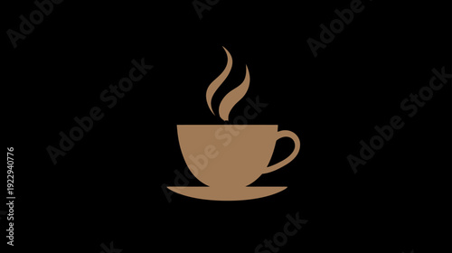 Stylized hot coffee cup with steam icon on a black background, minimalist graphic for cafe, breakfast, or beverage concepts