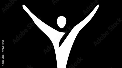 Abstract white figure with arms raised celebrating success, freedom, and achievement on a black background. Minimalist victorious person icon.