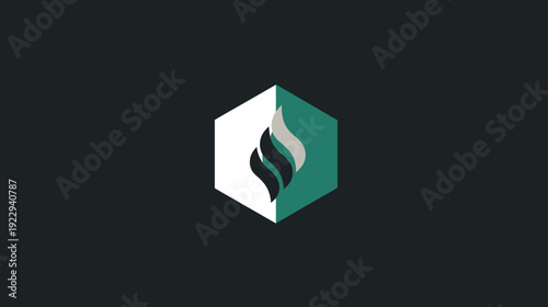Modern abstract geometric hexagonal icon with stylized flame or wave design, illustrating balance and energy on a dark background.