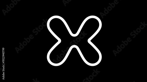 Minimalist abstract white wavy line 'X' shape, simple graphic design element on solid black background. Clean, modern, digital.
