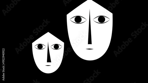 Abstract Geometric Faces in Minimalist Black and White Art Style, Modern Stylized Design, Conceptual Masks