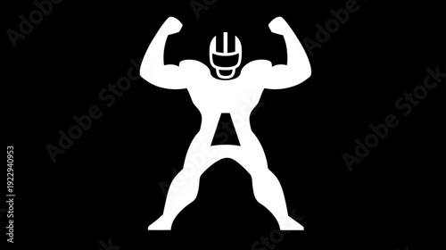 Powerful letter A athlete symbol with football helmet and flexing biceps, muscular black and white graphic illustration.