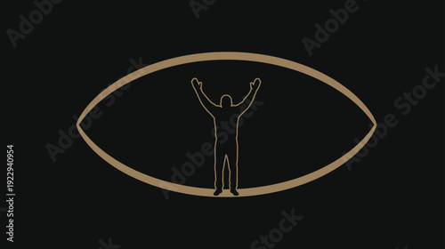 Human figure with raised arms inside an eye-shaped oval on dark background, symbolizing vision, freedom, spiritual awakening, and inner self.
